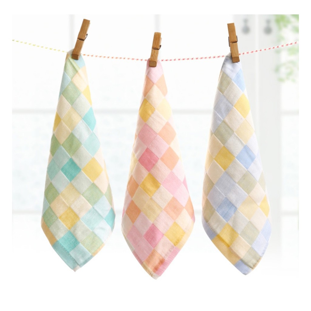 Khăn Cotton Vuông Mềm Mại Họa Tiết Sọc Caro Xinh Xắn Cho Bé 25x25cm