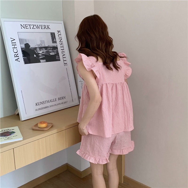 Đồ ngủ pyjama mùa hè hoạ tiết kẻ caro phối bèo ulzzang