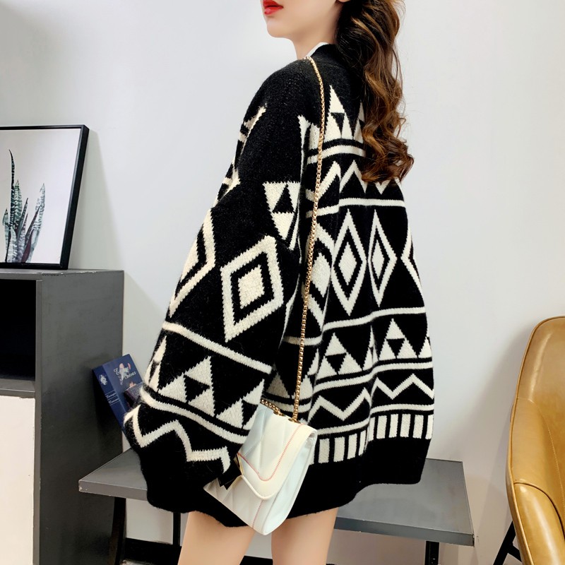 Áo Cardigan Dệt Kim Tay Dài Cổ Chữ V Hoạ Tiết Hình Học Xinh Xắn Cho Nữ