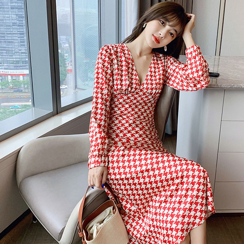 IELGY Đầm Dài Dáng Chữ A Cổ Chữ V Họa Tiết Sọc Caro Phong Cách Cổ Điển Thời Trang Cho Nữ