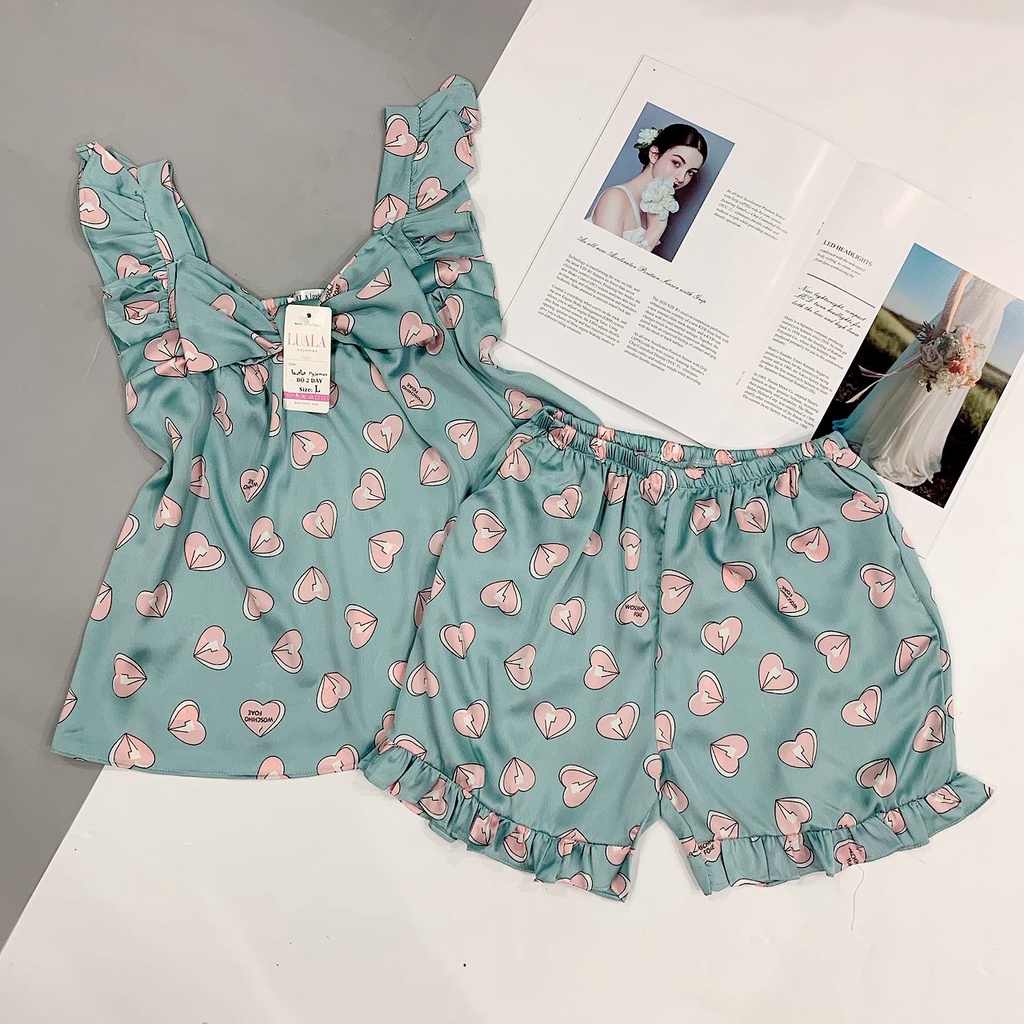 Đồ Mặc Nhà Cao Cấp Bộ 2 Dây Bánh Bèo Lụa Satin Đồ Bộ Pijama - Boody BP06