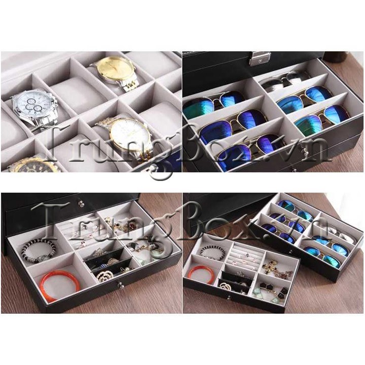 Hộp Đựng Đồng Hồ Trang Sức và Kính Mát 3 Tầng Vỏ Da - Mã 622