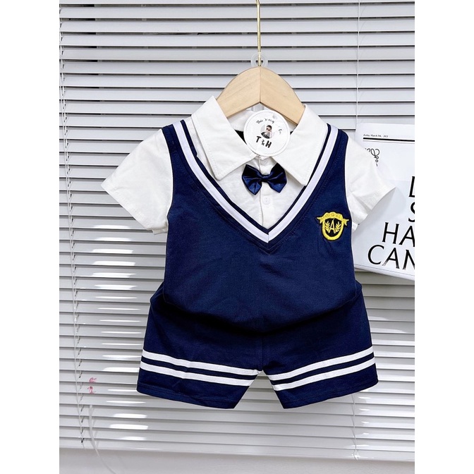 Đồ bộ bé trai, Set áo polo ngắn tay giả gilê kèm nơ và quần short chất thun cotton cho bé 7 đến 18 kg, Mimi Kids