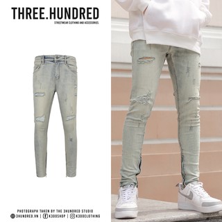 Quần Skinny Jeans Nam Rách-Màu Xanh Bạc-Chất Liệu Cotton Co Giãn-Ống Đứng Dáng-Có Khóa Zip Dưới Ống Chân