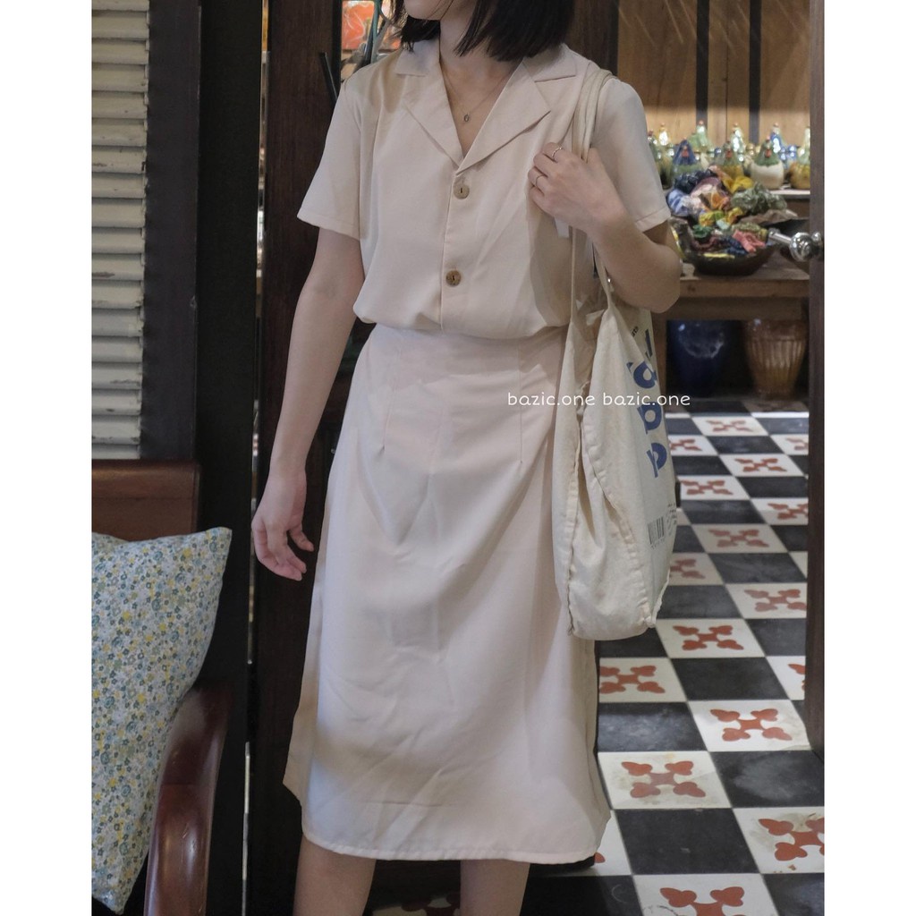 Set Áo Cổ Vest Mix Chân Váy Dài Midi Nude - Bộ đồ nữ thời trang mix sẵn Áo cổ vest + chân váy chữ A dài vintage Nâu Be