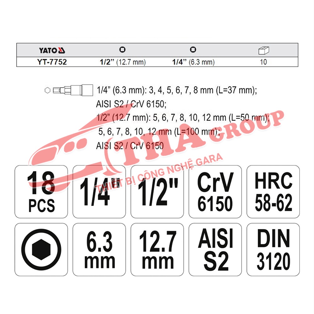 Bộ tuýp lục giác tông hợp 18 chi tiết Yato YT-7752