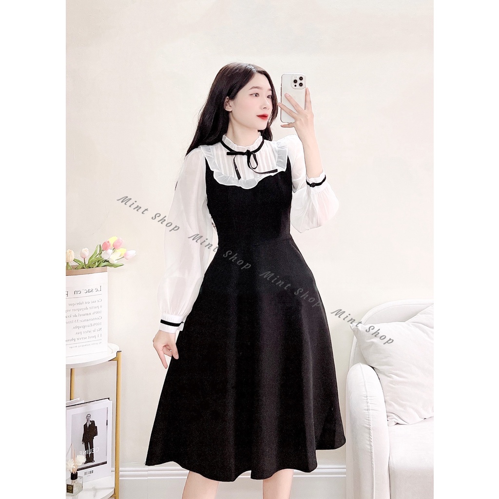 Váy thiết kế phối đen- trắng, đỏ trắng tay voan cổ bèo nơ kiểu dáng tiểu thư sang trọng | BigBuy360 - bigbuy360.vn