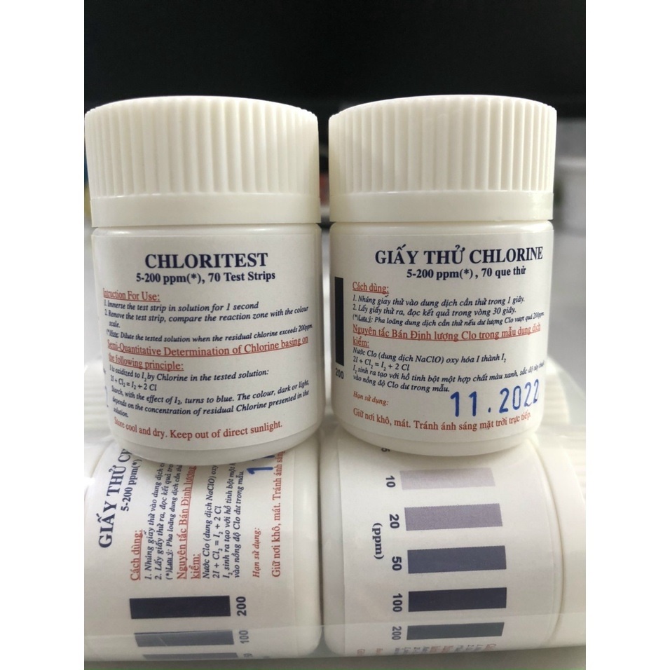 Giấy test chlorine  5-200ppm Hộp 70 que thử