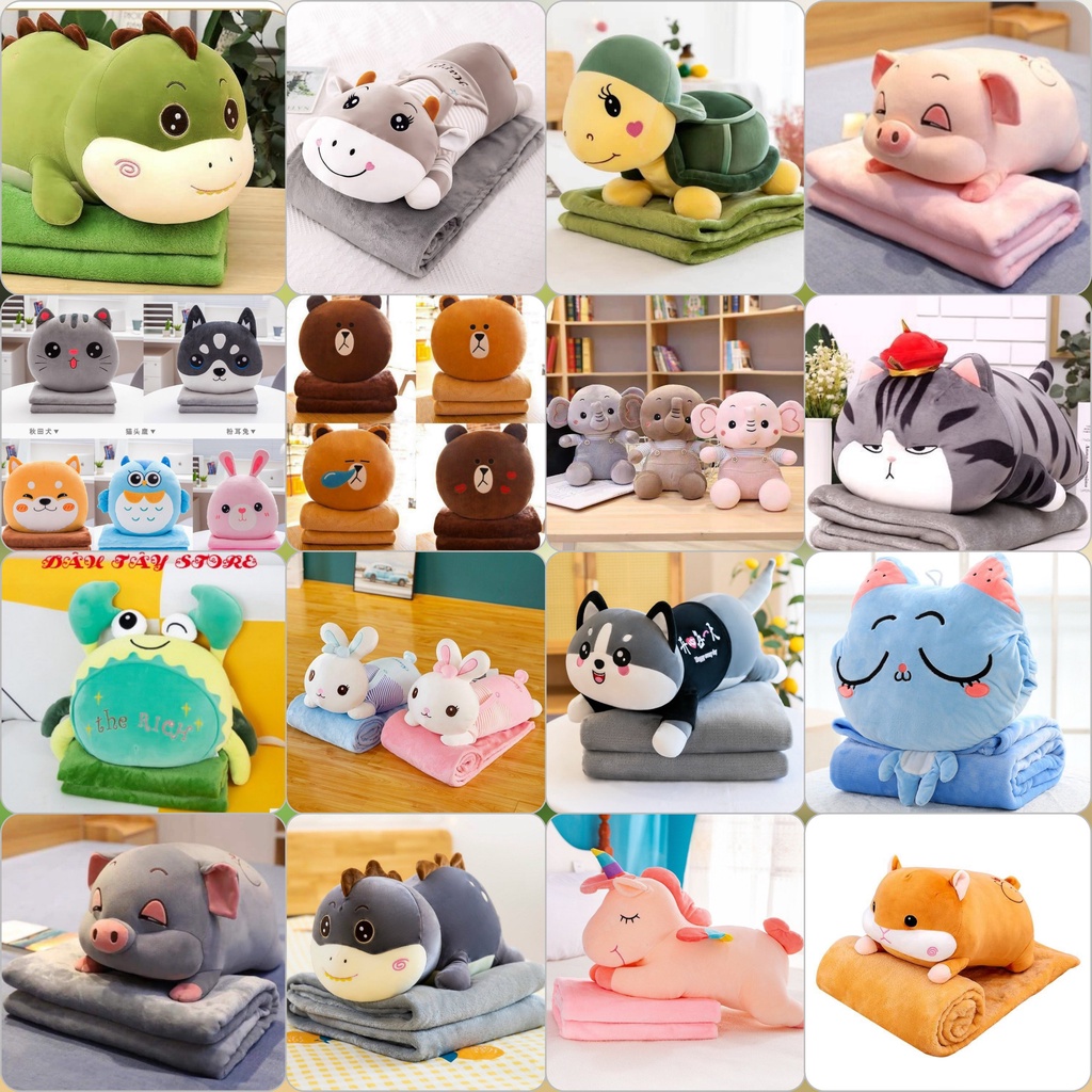 Chăn văn phòng 2in1, chăn gối 2 trong 1, gấu kèm chăn Mèo DUDU Hoàng Thượng,Lotso Hồng, Khủng Long Heo