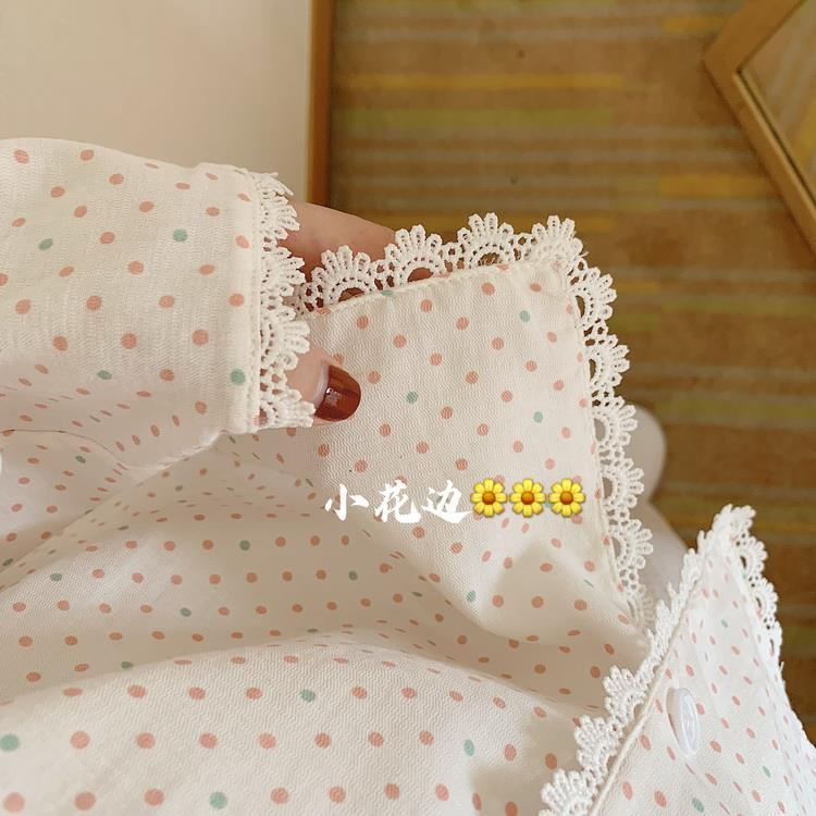 Bộ Đồ Ngủ Dài Tay Họa Tiết Chấm Bi Phong Cách Hàn Quốc Dành Cho Nữ