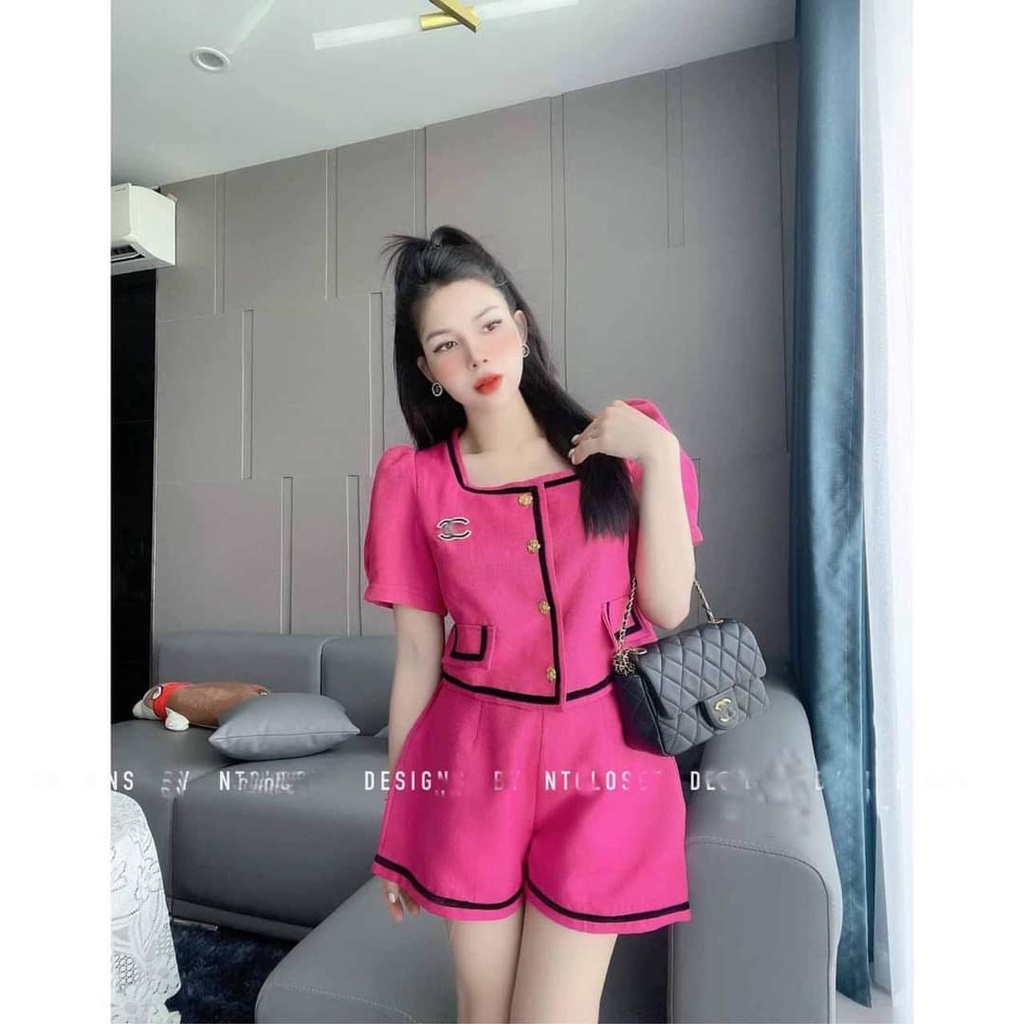 Set bộ đùi cổ vuông tay phồng đính nút. set áo croptop phối viền đen quần đùi dễ thương