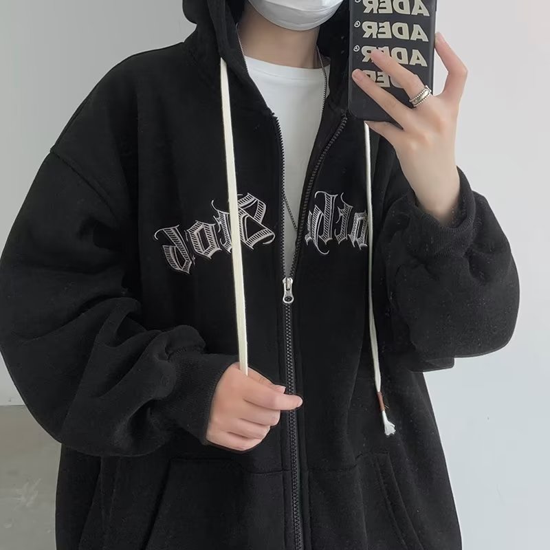 Plus Áo Khoác Hoodie Có Khóa Kéo Dáng Rộng In Chữ Phong Cách Hàn Quốc Thời Trang Mùa Thu Cho Nam
