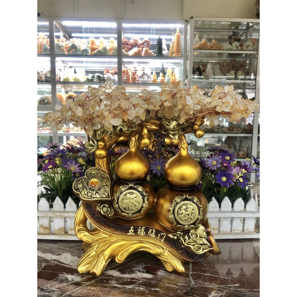 Cây tài lộc bầu hồ lô phong thủy đá TA. vàng trang trí bàn thờ thần tài, bàn làm việc - Cao 34 cm