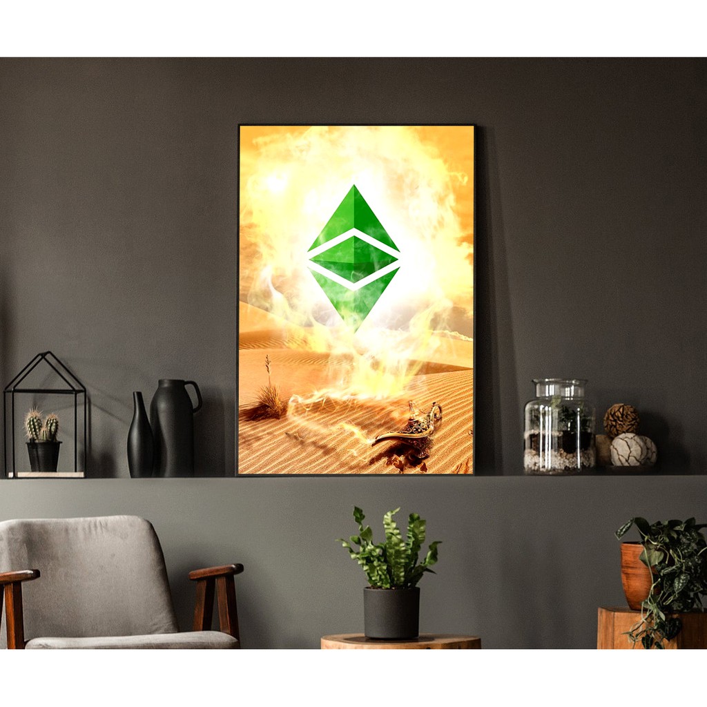 Tranh Bitcoin, Eth, tranh in vải canvas 40x60cm, đủ khung và đinh treo