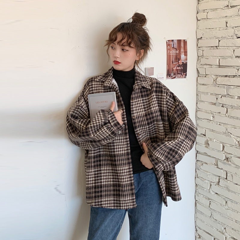 Sẵn caro đen-Áo khoác sơ mi nữ kẻ sọc nhiều màu lót nỉ ấm áp
