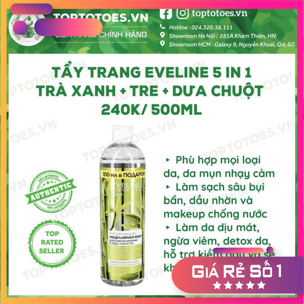 RẺ SỐ 1 . Nước tẩy trang Eveline 5-in-1 Trà xanh + Tre + Dưa chuột cho da dầu mụn, nhạy cảm . ......