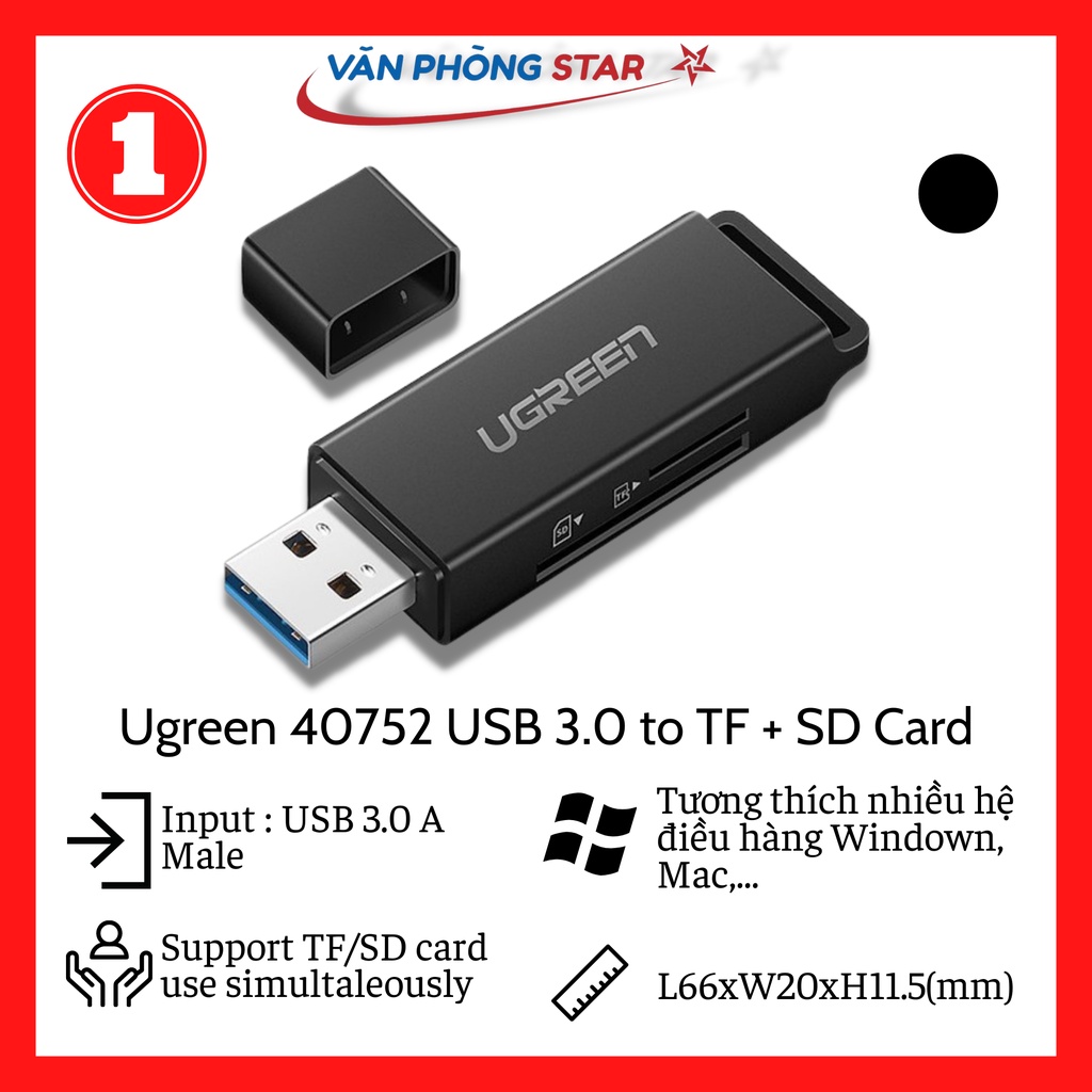 Ugreen 40752 USB 3.0 to TF + SD Card reader dual card dual read black cm104 10040752