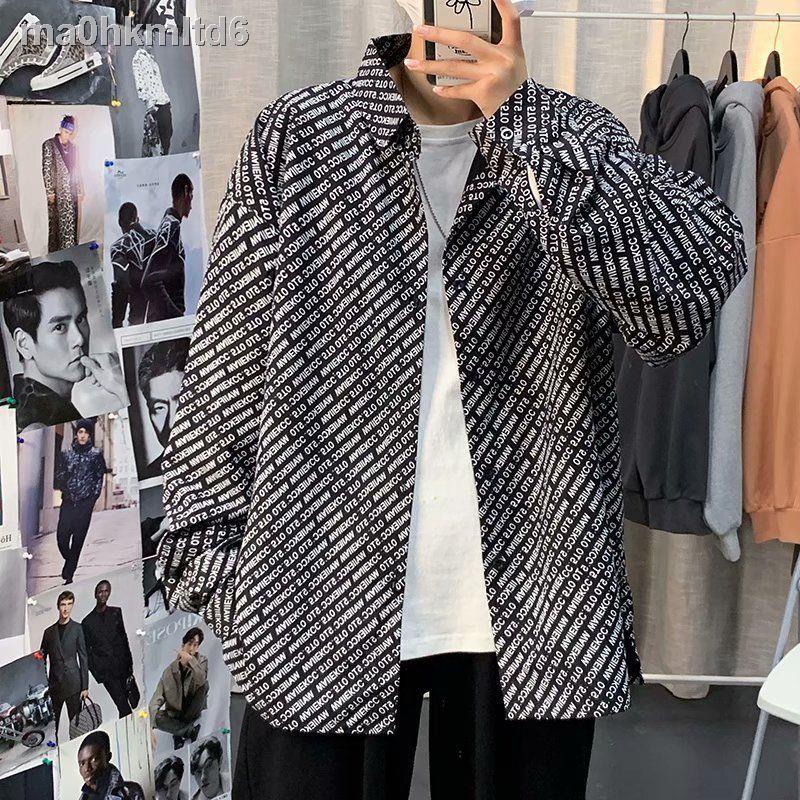 ☍Áo sơ mi nam tay dài thương hiệu thời thượng Nhật Bản hip-hop phiên hàn quốc xu hướng chữ đỏ lưới đẹp tra