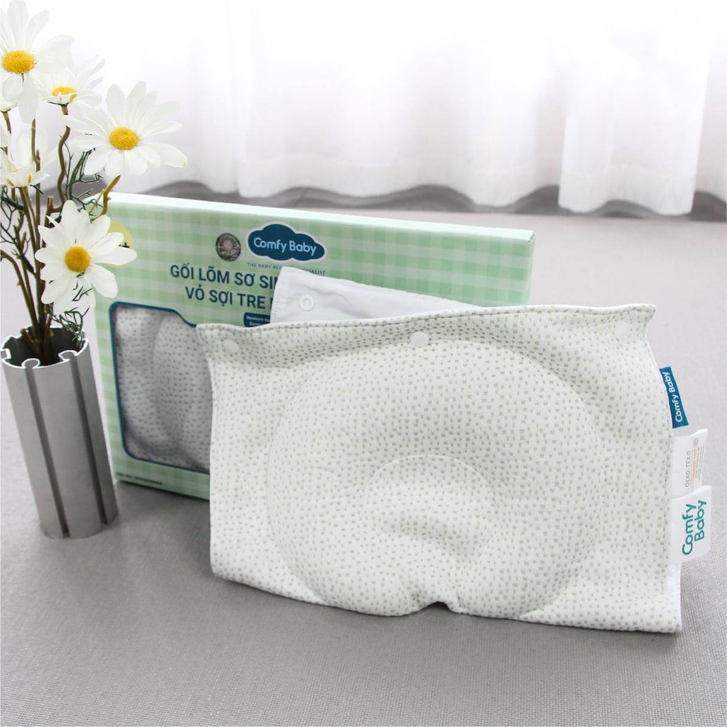 FREE SHIP !!! Gối lõm bambo ComfyBaby chống bẹt đầu cho bé ruột cao su non vỏ sợi tre