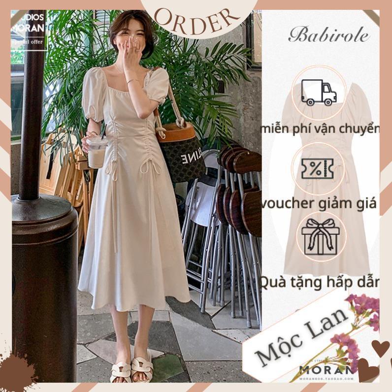 (MộcLan ORDER) Váy MORAN tay phồng cổ vuông eo rút dây 2 bên xòe dài tiểu thư sang trọng kiểu Pháp