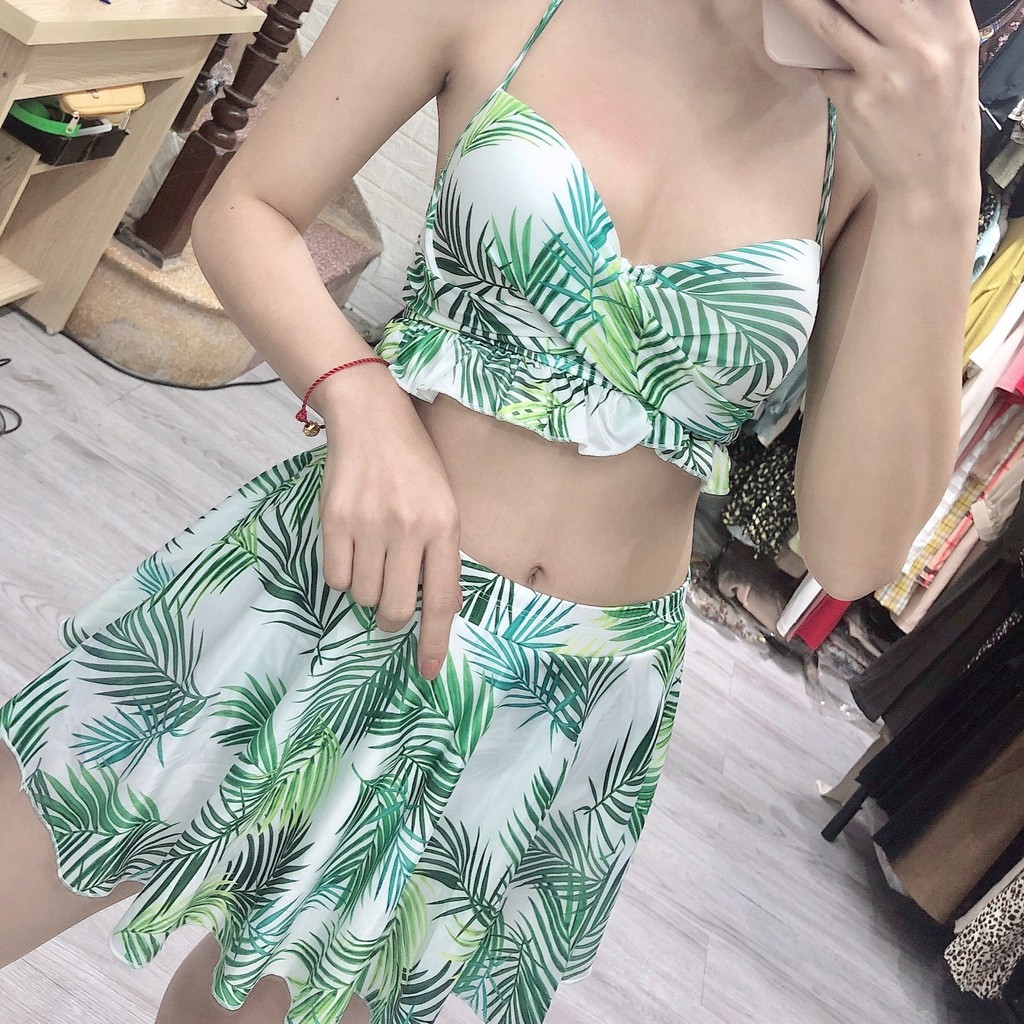 Bikini 2 mảnh họa tiết lá dừa váy xòe, bộ bơi đi biển cho nữ phối bèo Bikini191