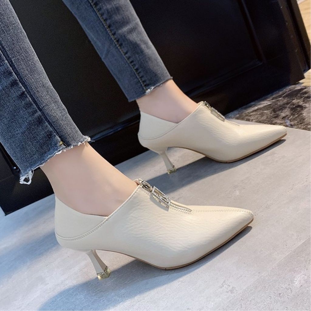 Giày bốt nữ cổ thấp gót nhọn cao 7 phân dáng ôm chân mũi nhọn có khóa hiện đại GN06 Hulian Fashion có 2 màu | BigBuy360 - bigbuy360.vn