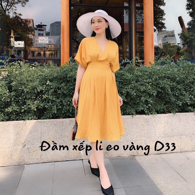 Bigsize Đầm xếp li eo vàng D33