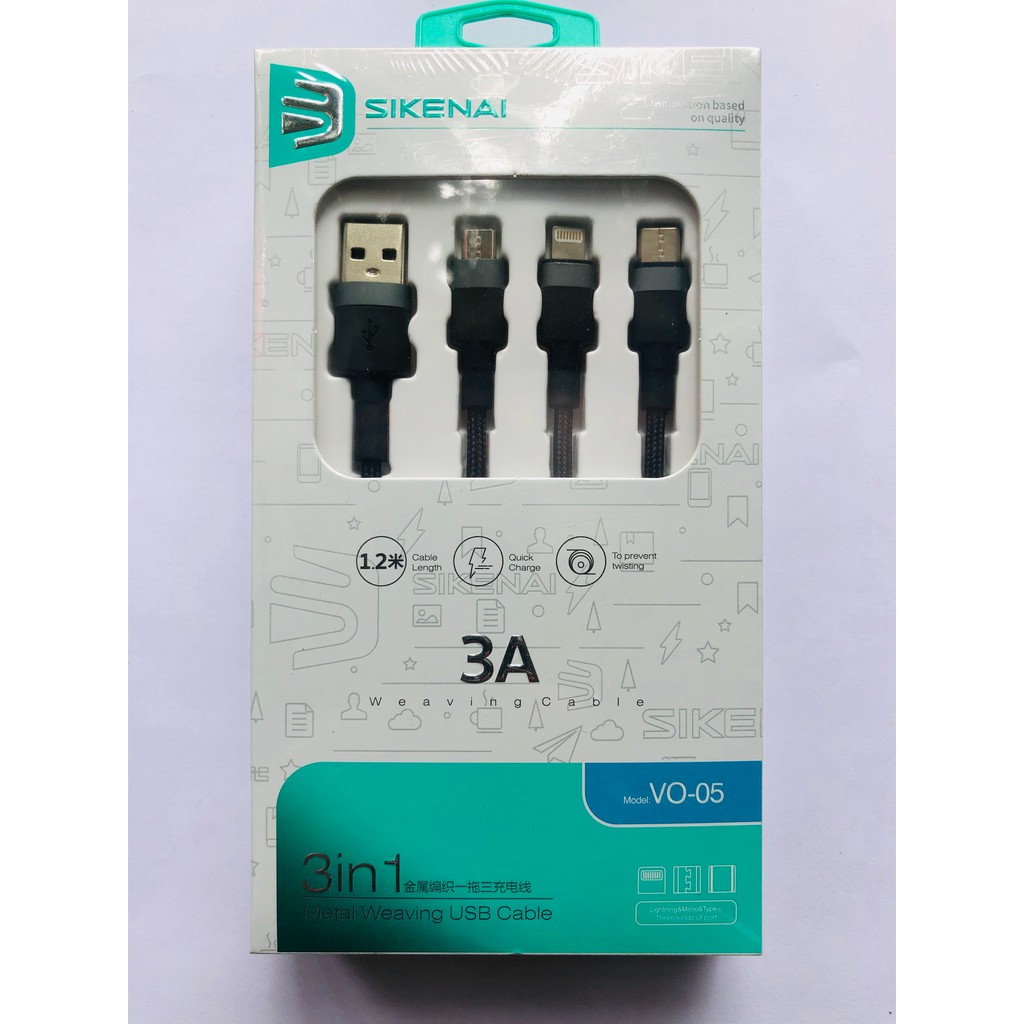 Cáp Sạc Nhanh 3 Đầu 3in1 SIKENAI VO-05 Chính Hãng Dùng Cho iPhone, Samsung, Oppo Bảo hành 1 đổi 1 trong 12 tháng