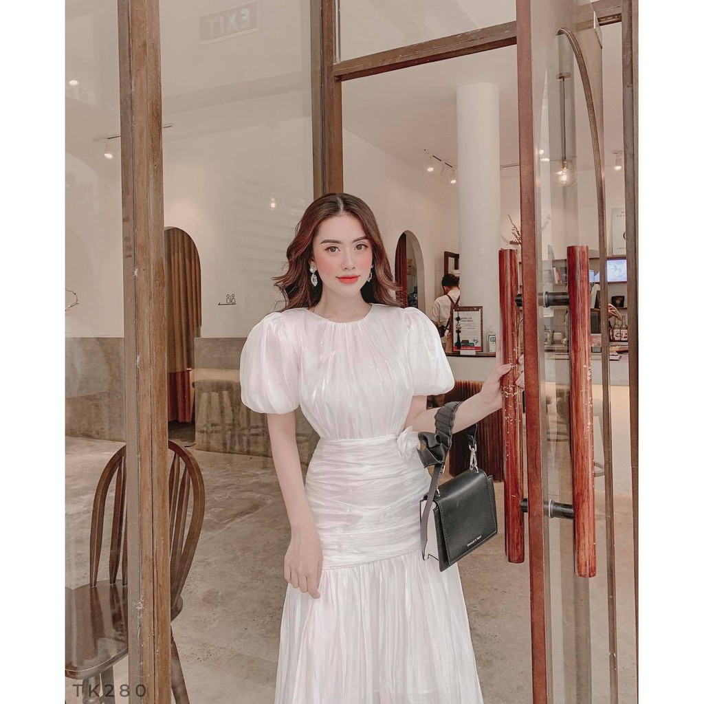 [HÀNG THIẾT KẾ CAO CẤP] Đầm Nhún Tay Phồng Bóng Kiếng Form Dài Màu Nude | BigBuy360 - bigbuy360.vn