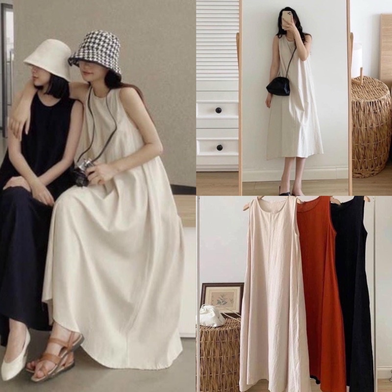 [Ảnh/Video ]Váy ba lỗ thô mềm dáng suông oversize Đầm ba lỗ thô đũi(có túi) cực mát mịn phong cách hàn Quốc
