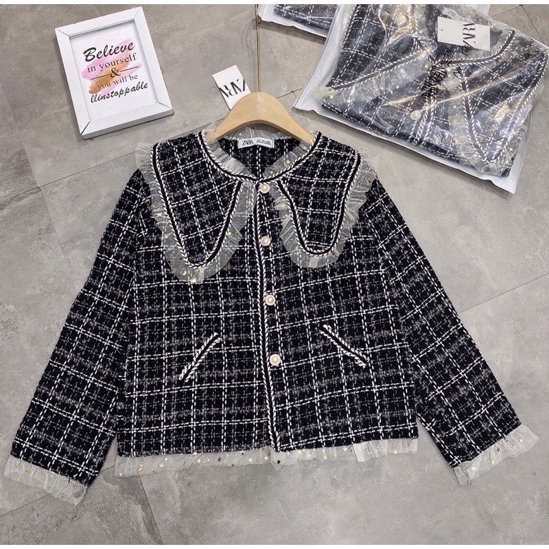ÁO KHOÁC DẠ TWEED PHỐI BÈO CÚC NGỌC SIÊU XINH XẮN / ÁO DẠ TWEED BÈO ĐEN | BigBuy360 - bigbuy360.vn