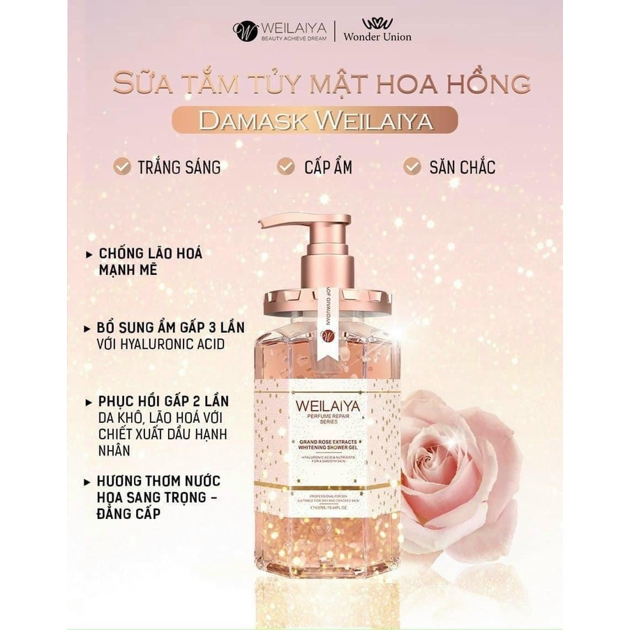 Sữa tắm Weilaiya trắng da cánh hoa hồng Damask 450ml Quynhanhspa20