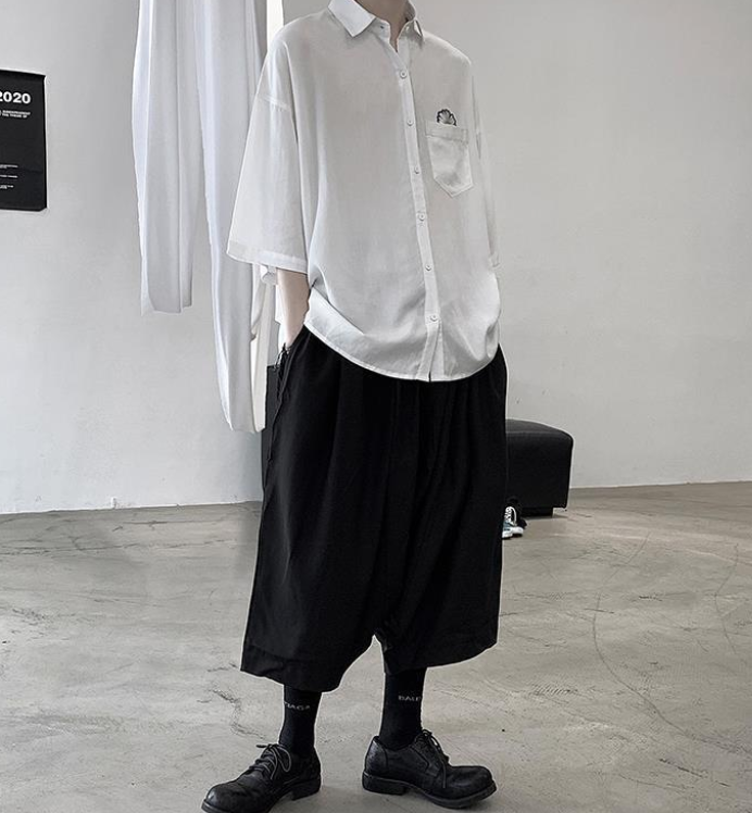 ♞AFF LIGA♞ Áo sơ mi nam ngắn tay thêu hình hoa cúc