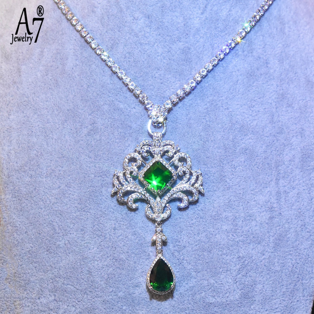 Vòng cổ Bạc A7 S925 Mặt Đá Ngọc Lục Bảo Hình Giọt Nước Hai Chức Năng Dát Kim Cương Rỗng Cho Nữ
