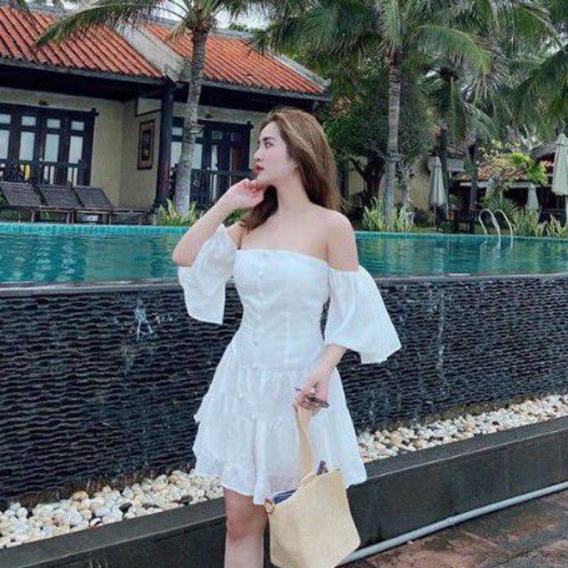 Đầm Trắng babydoll trễ vai MiNavy_ video sp thật