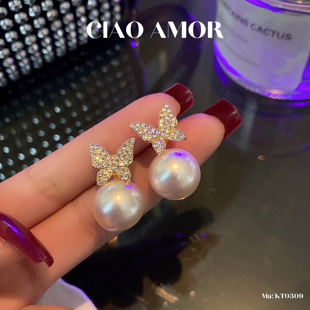 Khuyên tai nữ, Bông tai nữ cánh đính ngọc to ở dưới Trang sức Ciao Amor - KT0309