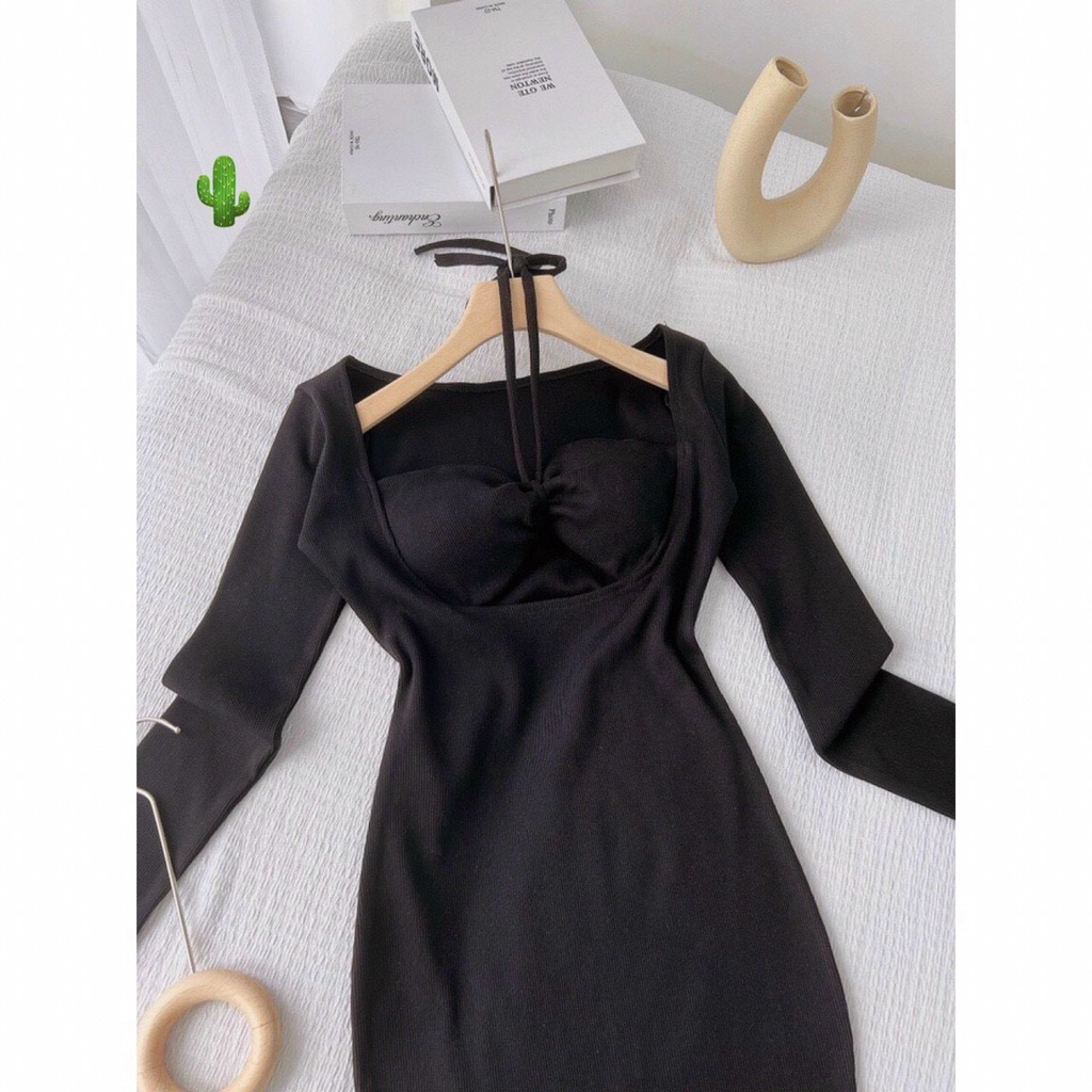 đầm body thun gân kiểu khoét ngực cổ dây yếm ( có mút )