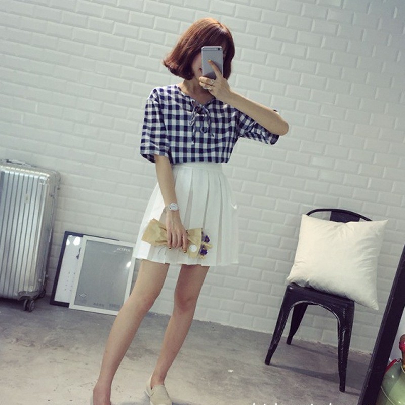 Áo Thun Lửng Ngắn Tay Họa Tiết Sọc Caro Cho Nữ