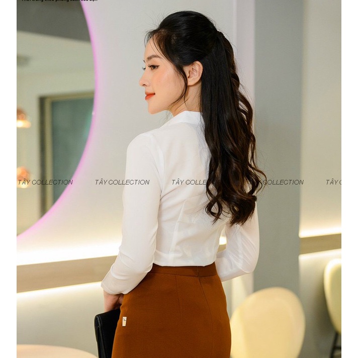 Sơ mi trắng nữ cao cấp Tây Collection sơ mi cổ đức dáng ôm chiết 6 ly vải nhập mịn đẹp không nhăn nhàu