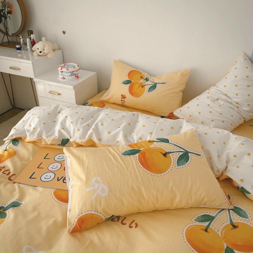 Bộ TRÁI CAM HÀN QUỐC set chăn ga gối COTTON LIVING 100%