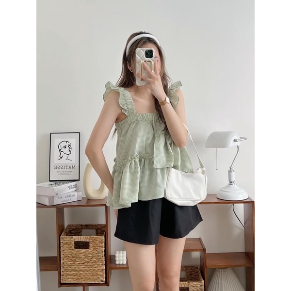 Set babydoll áo dây ngang xếp bèo 3 màu Vintage