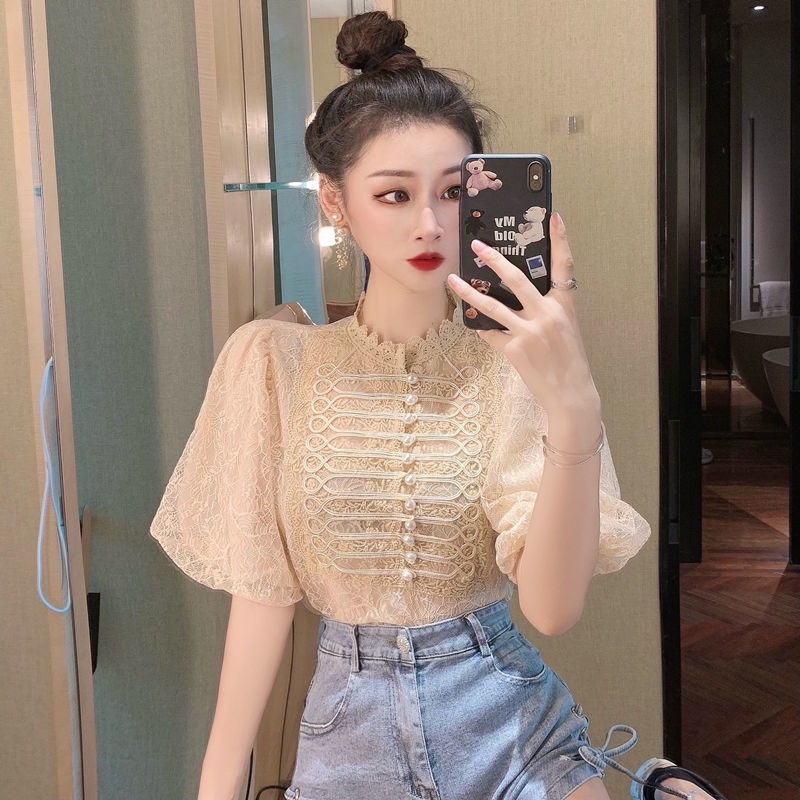 Áo Sơ Mi Ngắn Tay Phồng Phối Ren Đính Hạt Đa Năng Kiểu Pháp Mới Cho Nữ
