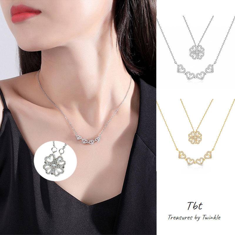 Dây chuyền nữ cỏ bốn lá bằng thép titan mạ bạc chia thành bốn trái tim，Vòng cổ kim cương vàng 18k