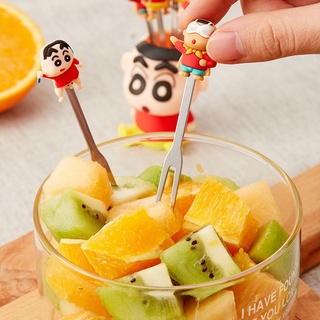 Hoạt Hình Hoạt Hình Crayon Shin-Chan Thép Không Gỉ Trái Cây Nĩa Bộ Bánh Sinh Nhật Chèn Trái Cây Silicon Nĩa Nhỏ Bộ Đồ Ăn