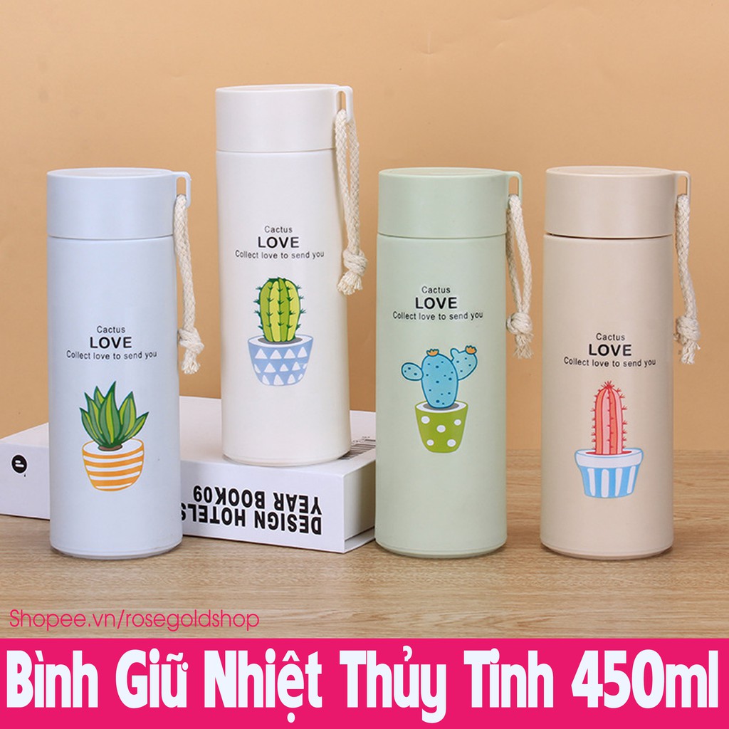 Bình Giữ Nhiệt Thủy Tinh Vỏ Nhựa Lúa Mạch 450ml Họa Tiết Đáng Yêu, Có Dây Xách Tiện Dụng