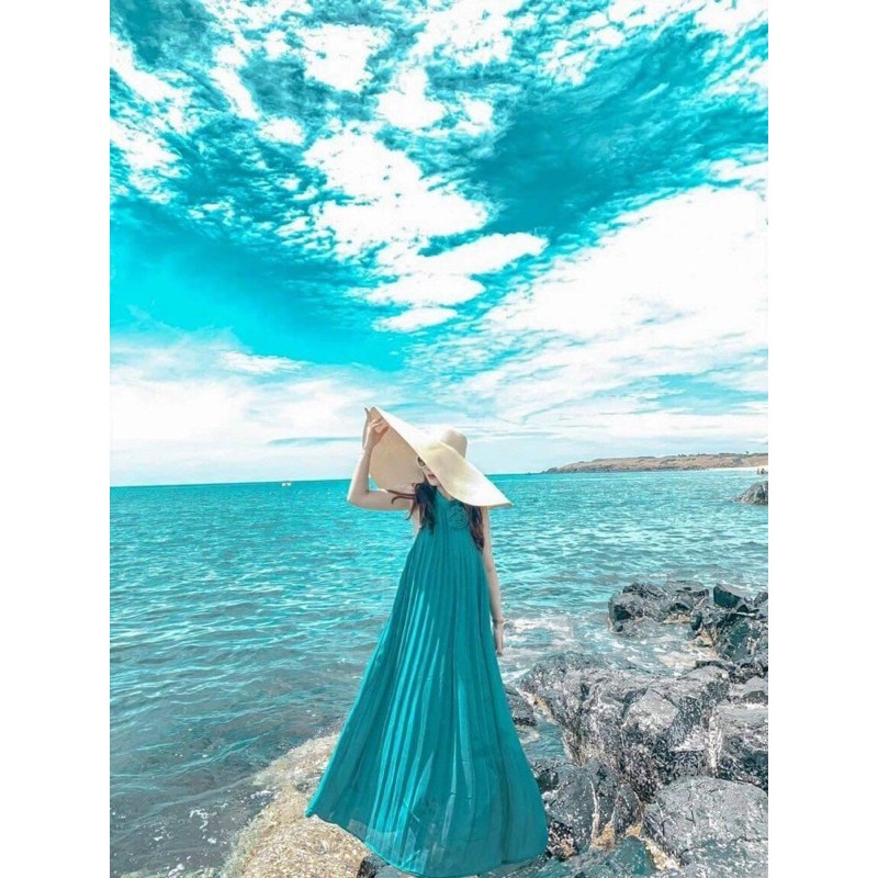 [HÌNH THẬT LÀ HÌNH CUỐI] Maxi voan dài dập ly 3 màu kiểu hở lưng có mút ngực cổ đính hoa siêu xinh