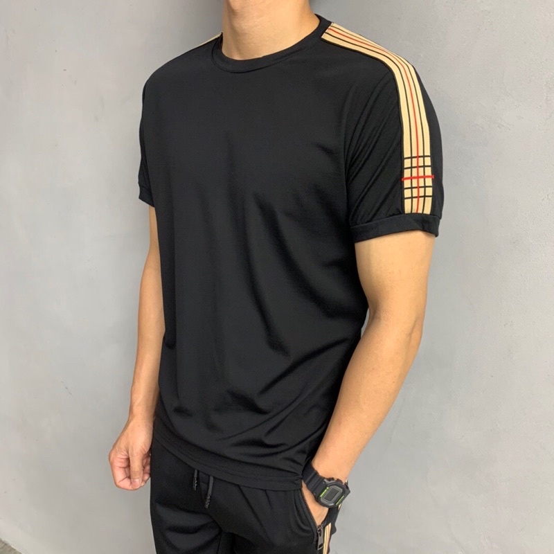 bộ hè nam áo phông cổ tròn + quần dài thể thao viền thêu logo burberry bbr