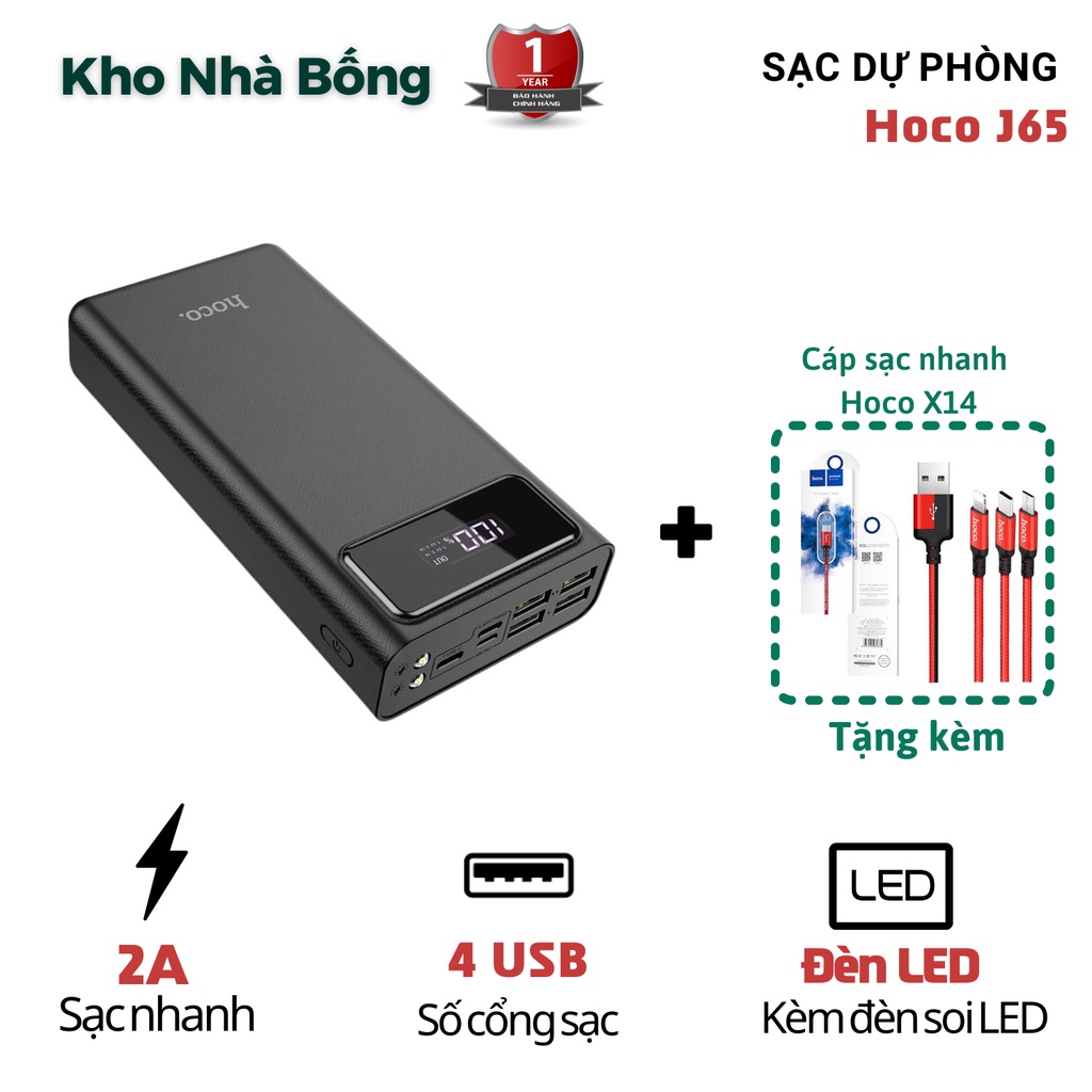 Pin Sạc Dự Phòng Dung Lượng Lớn 30000mAh/40.000mAh Hoco J65 Hỗ Trợ 4 Cổng USB