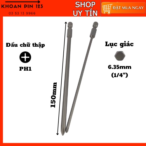 Mũi vít đầu bắn bake 4 cạnh hình chữ thập dài 150mm PH1 đuôi lục giác bằng thép S2