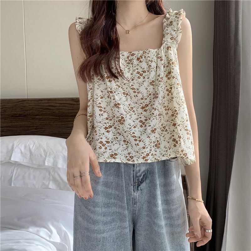 Áo Thun Không Tay Dáng Rộng Họa Tiết Hoa Xinh Xắn Cho Nữ